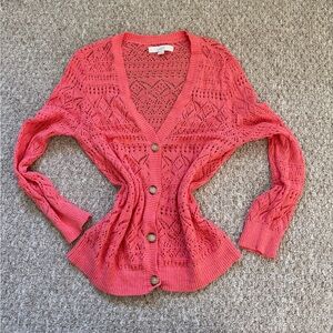 LOFT Coral Pink Open Work Button-Up Cardigan